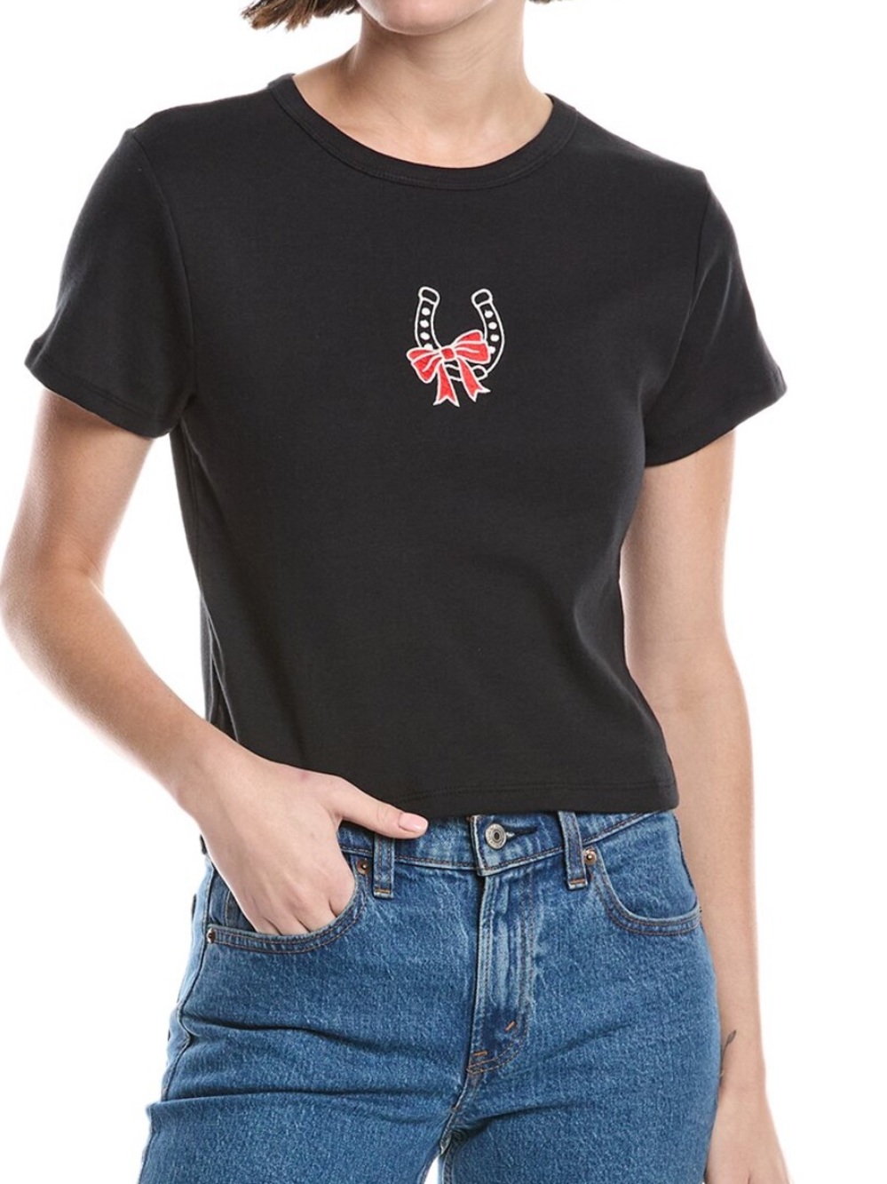 Girl Dangerous Black Horseshoe Bow Crop T-Shirt